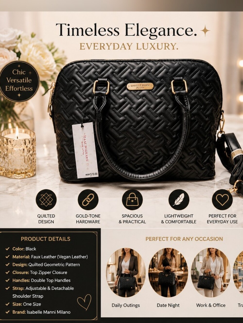 ISAAC MIZRAHI Elegant Black Quilted Handbag – Chic & Versatile